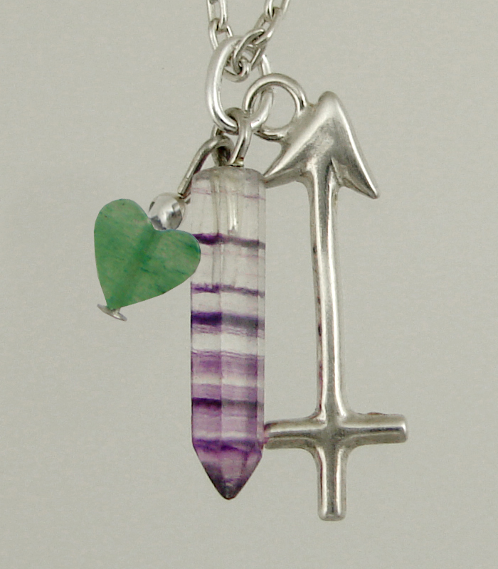 Sterling Silver Sagittarius Pendant Necklace With an Fluorite Crystal And Green Heart